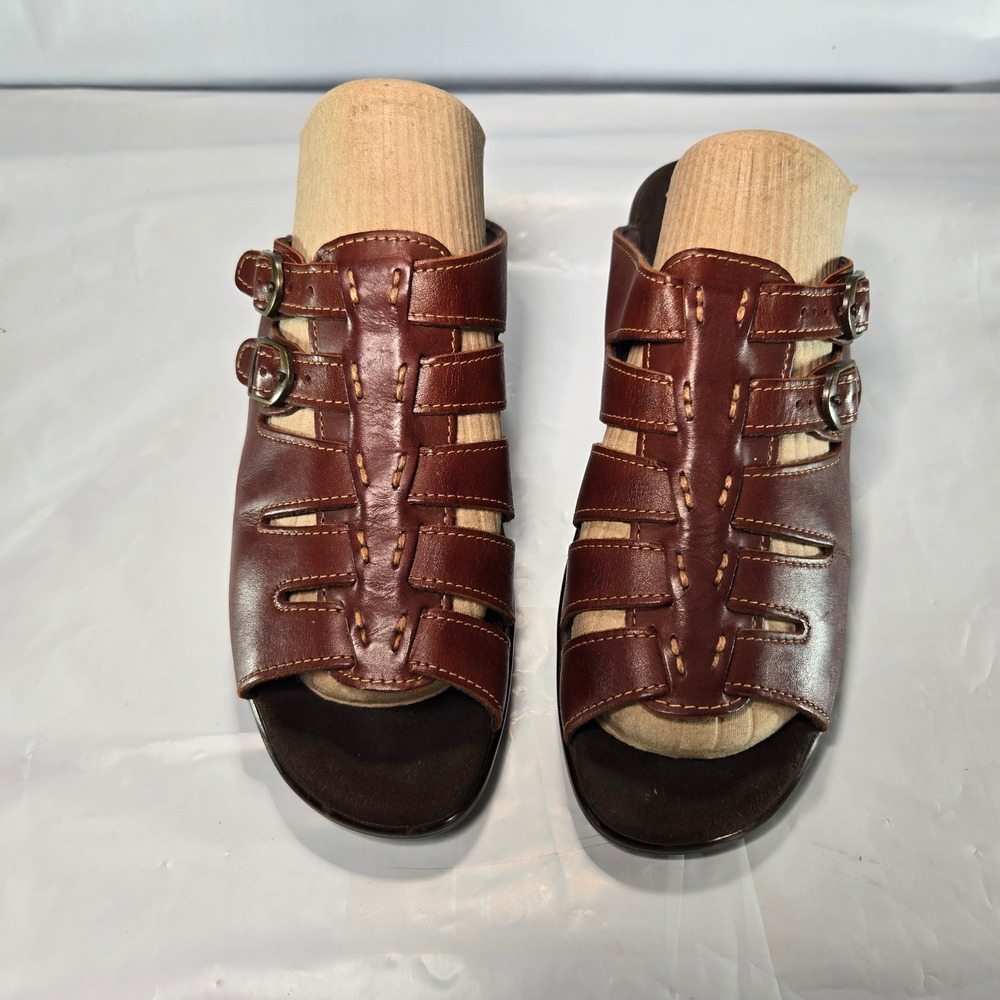 SAS Womens Mahogany Brown Leather Wedge Slide Sandals Fisherman Buckle Size 10.5